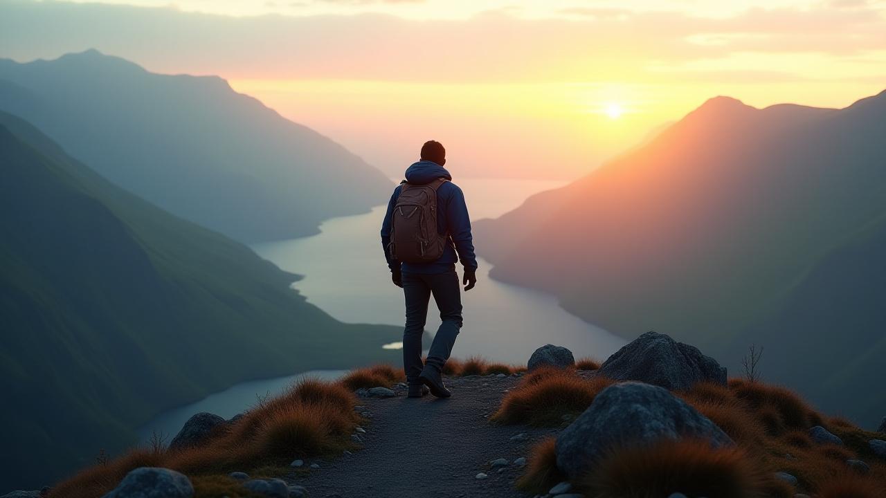 Adventurer standing on a high mountain ridge overlooking a misty valley