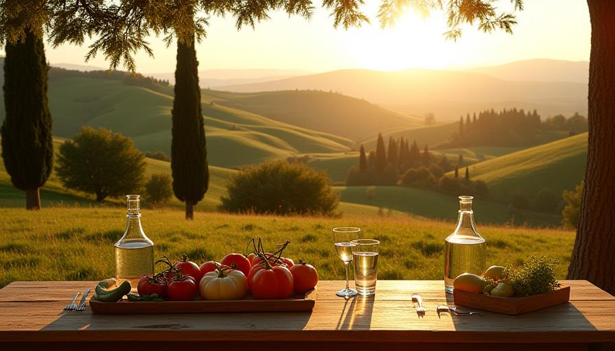 Tuscan vineyard landscape with a farmhouse