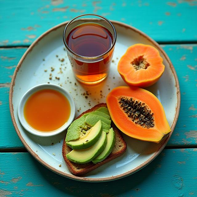 Healthy gourmet breakfast served on a wooden terrace with ocean views
