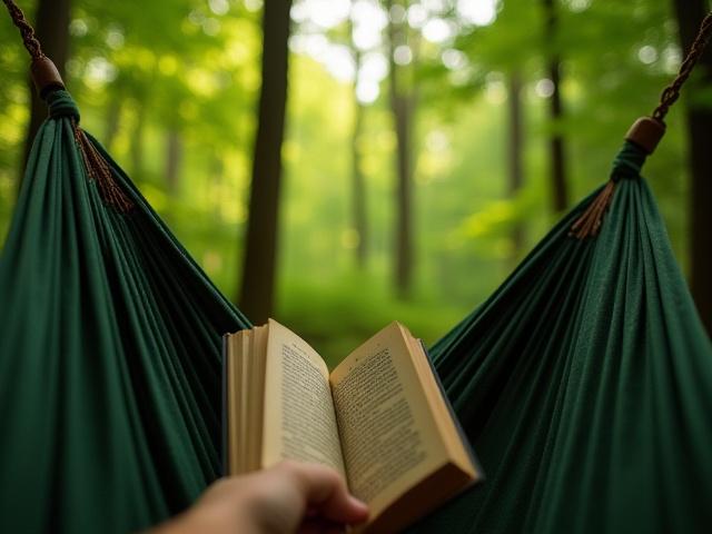 A person reading in a hammock hung between forest pine trees